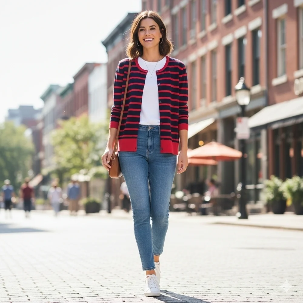 Lands' End Navy Red Striped Supima Cotton Nautical Cardigan Sweater Size L